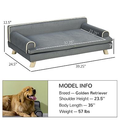 PawHut Pet Sofa for Large, Medium Dogs, Dog Couch with Water-resistant Fabric, Wooden Legs, Washable Cushion, Grey, 39" x 24.5" x 12.5"