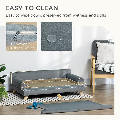 PawHut Pet Sofa for Large, Medium Dogs, Dog Couch with Water-resistant Fabric, Wooden Legs, Washable Cushion, Grey, 39" x 24.5" x 12.5"