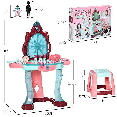 Qaba Kids Vanity Makeup Table Set with Chair and 31-Piece Collection, Mirror Princess Vanity Table with Self-Opening Magic Mirror, Music, Light, Imaginative Toy for 3 Years Old Sky