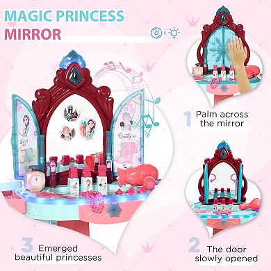 Qaba Kids Vanity Makeup Table Set with Chair and 31-Piece Collection, Mirror Princess Vanity Table with Self-Opening Magic Mirror, Music, Light, Imaginative Toy for 3 Years Old Sky