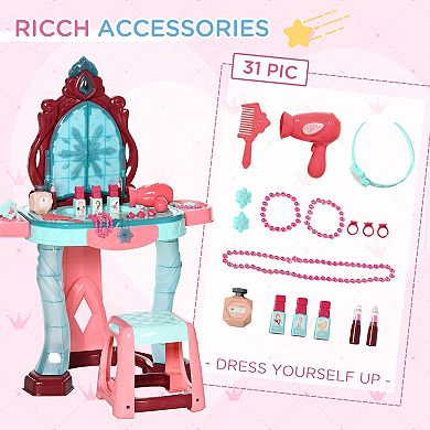 Qaba Kids Vanity Makeup Table Set with Chair and 31-Piece Collection, Mirror Princess Vanity Table with Self-Opening Magic Mirror, Music, Light, Imaginative Toy for 3 Years Old Sky