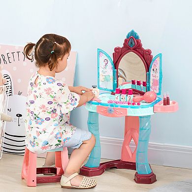 Qaba Kids Vanity Makeup Table Set with Chair and 31-Piece Collection, Mirror Princess Vanity Table with Self-Opening Magic Mirror, Music, Light, Imaginative Toy for 3 Years Old Sky