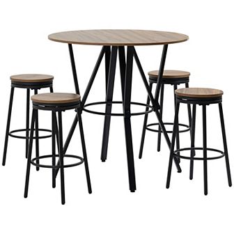 HOMCOM 5 pc Bar Table and Chairs Set with Swivel Seat, Industrial Round Dining Table & 4 Stools for Pub, Kitchen, Light Brown