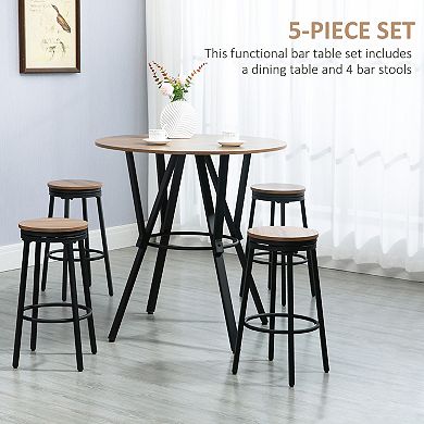 HOMCOM 5-Piece Bar Table and Chairs Set with Swivel Seat, Industrial Round Dining Table & 4 Stools for Pub, Kitchen, Light Brown