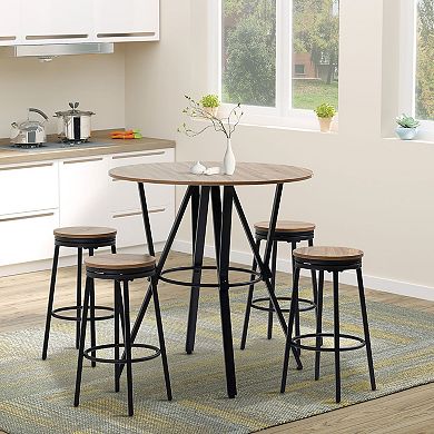 HOMCOM 5-Piece Bar Table and Chairs Set with Swivel Seat, Industrial Round Dining Table & 4 Stools for Pub, Kitchen, Light Brown