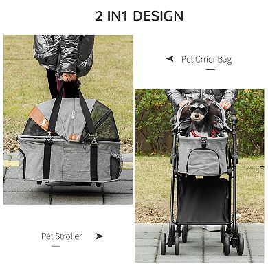 Foldable Pet Carrier/removable Bag For Kittens & Puppies W/ Adjust Canopy, Grey