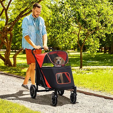 Pawhut One-click Foldable Pet Stroller With Shock Absorber, Red