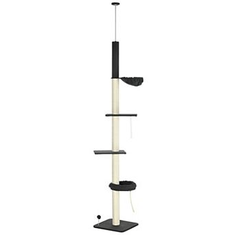 PawHut Floor To Ceiling Cat Tree, 5 tier Cat Climbing Tower, 95''-106'' Height Adjustable with Carpeted Platforms, Cozy Bed, Hammock, Scratching Post & Toy Ball for Indoor Cats, Black and Cream