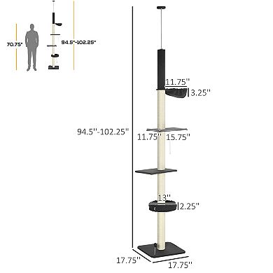 PawHut Floor To Ceiling Cat Tree, 5-Tier Cat Climbing Tower, 95''-106'' Height Adjustable with Carpeted Platforms, Cozy Bed, Hammock, Scratching Post & Toy Ball for Indoor Cats, Black and Cream