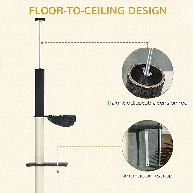 PawHut Floor To Ceiling Cat Tree, 5-Tier Cat Climbing Tower, 95''-106'' Height Adjustable with Carpeted Platforms, Cozy Bed, Hammock, Scratching Post & Toy Ball for Indoor Cats, Black and Cream