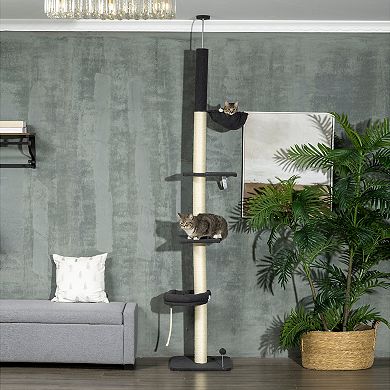 PawHut Floor To Ceiling Cat Tree, 5-Tier Cat Climbing Tower, 95''-106'' Height Adjustable with Carpeted Platforms, Cozy Bed, Hammock, Scratching Post & Toy Ball for Indoor Cats, Black and Cream