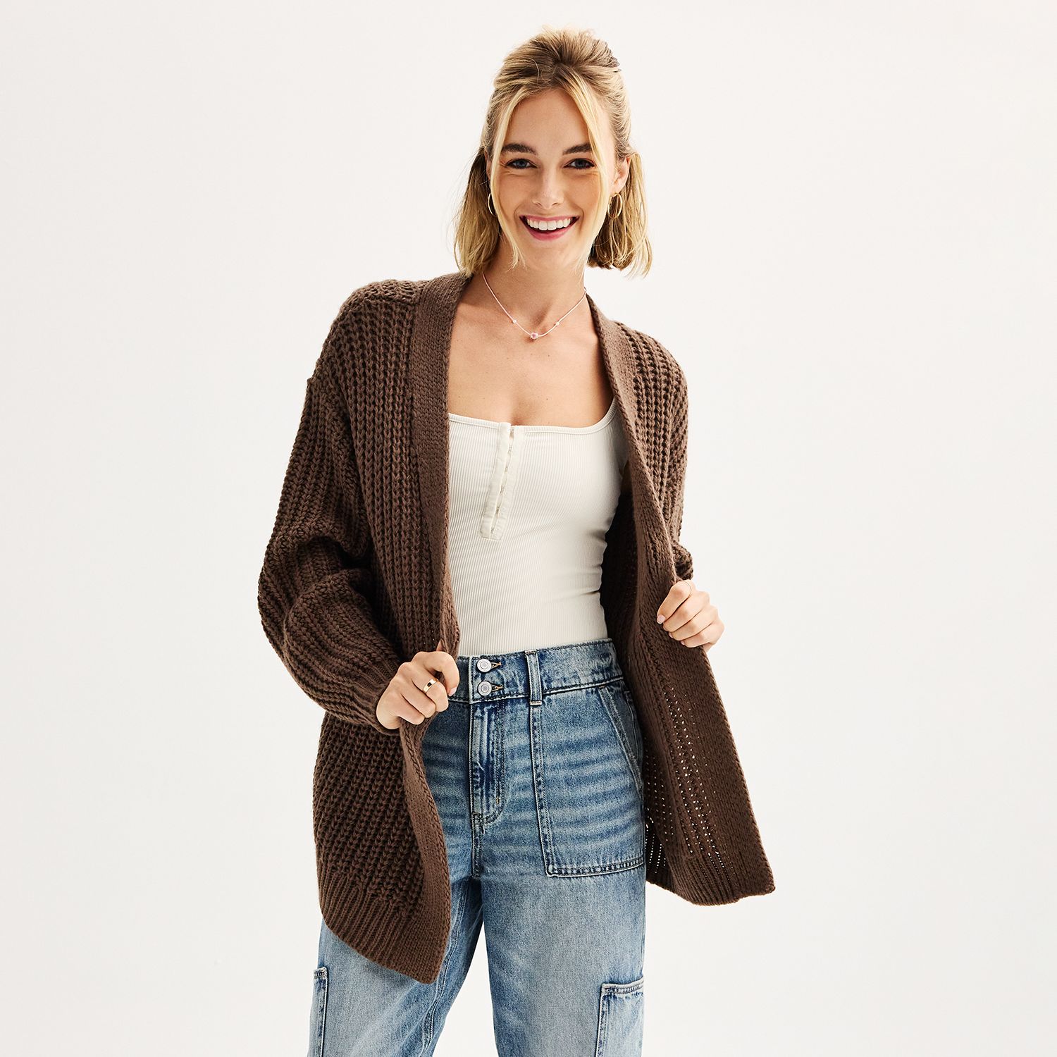 MURMUREY Women's Oversized Open Front Cardigan - Puff Sleeve Long Knit Sweater Coat (Khaki, Large) - View #11