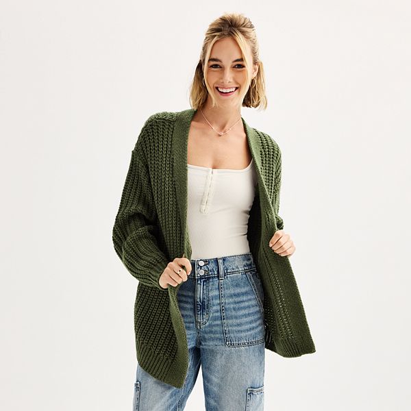 Juniors SO® Oversized Open Front Cardigan - Olive Forest (SMALL)