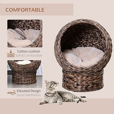 PawHut 23.5" Water Hyacinth Elevated Cat Kitten Bed Ball Condo Pod Pet House Tree