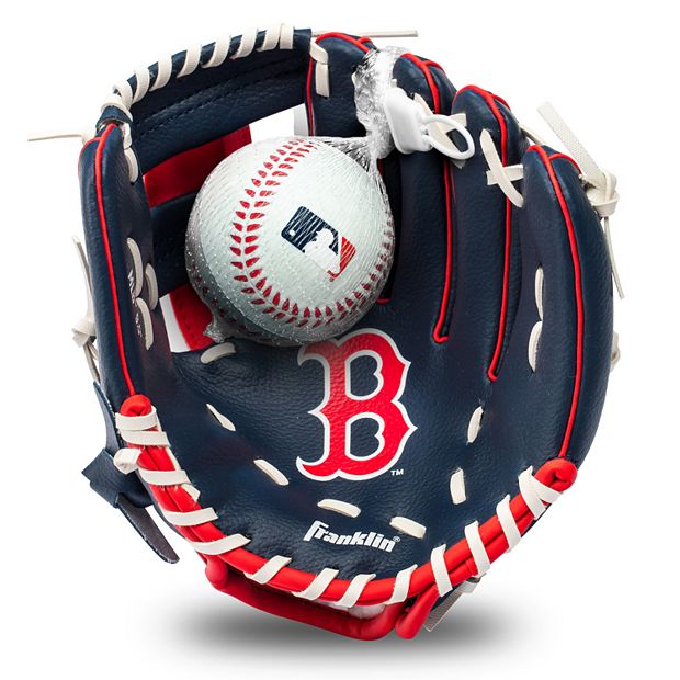 A detailed view of Franklin batting gloves and the Boston Red Sox