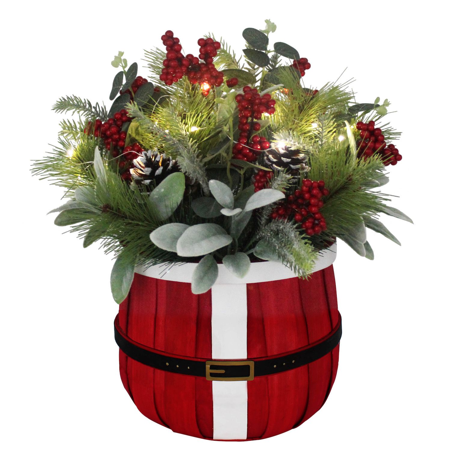 A festive centerpiece with pinecones, berry accents, and seasonal greenery makes a statement.