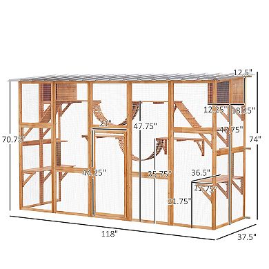 Pawhut Wooden Catio W/ Weather Protection Roof, Multiple Platforms, Door