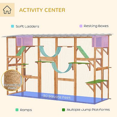 Pawhut Wooden Catio W/ Weather Protection Roof, Multiple Platforms, Door