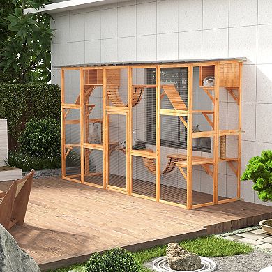 Pawhut Wooden Catio W/ Weather Protection Roof, Multiple Platforms, Door