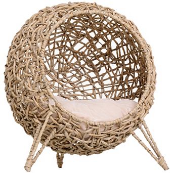 PawHut 20.5" Rattan Cat Bed, Elevated Wicker Kitten House Round Condo with Cushion, Natural