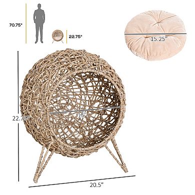 PawHut 20.5" Rattan Cat Bed, Elevated Wicker Kitten House Round Condo with Cushion, Natural
