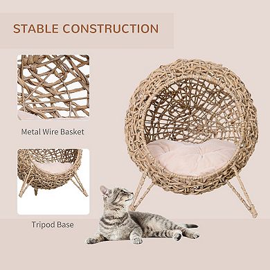 PawHut 20.5" Rattan Cat Bed, Elevated Wicker Kitten House Round Condo with Cushion, Natural