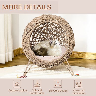 PawHut 20.5" Rattan Cat Bed, Elevated Wicker Kitten House Round Condo with Cushion, Natural