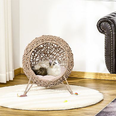 PawHut 20.5" Rattan Cat Bed, Elevated Wicker Kitten House Round Condo with Cushion, Natural