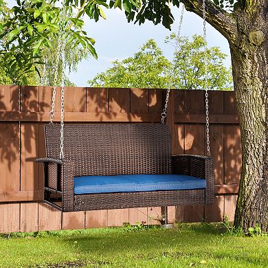 2 Person Wicker Porch Swing Chair, Hanging Patio Bench Seat, Blue