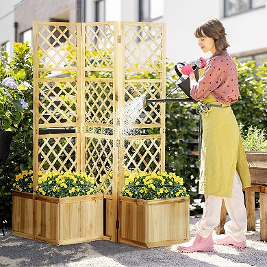 Outsunny Freestanding Outdoor Privacy Screen with 4 Raised Garden Beds
