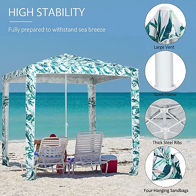 Outsunny Quick Beach Cabana Canopy Umbrella, 6.5' Easy-Assembly Sun-Shade Shelter with Sandbags and Carry Bag, Cool UV50+ Fits Kids & Family, Green Coconut Palm