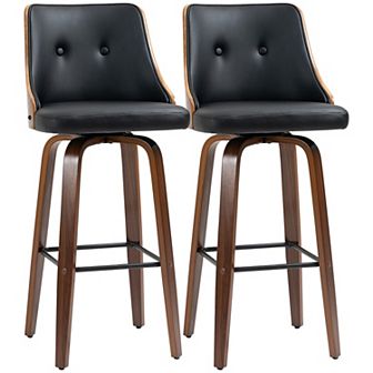 Set Of 2 Counter Height Bar Stools Pu Swivel Barstools W/ Footrest, Black