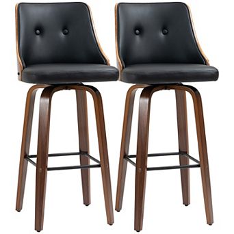 Set Of 2 Counter Height Bar Stools Pu Swivel Barstools W/ Footrest, Black