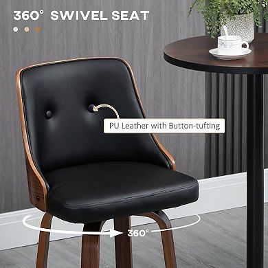 Set Of 2 Counter Height Bar Stools Pu Swivel Barstools W/ Footrest, Black