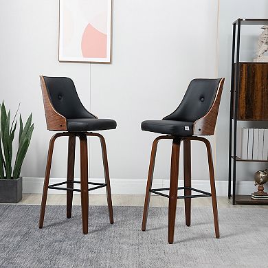 Set Of 2 Counter Height Bar Stools Pu Swivel Barstools W/ Footrest, Black