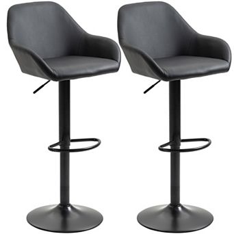 Set Of 2 Pu Adjustable Swivel Bar Stool Chairs W/ Footrest For Kitchen, Black