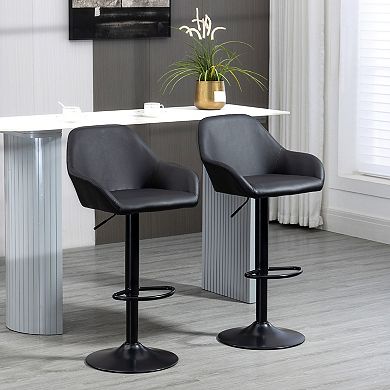 Set Of 2 Pu Adjustable Swivel Bar Stool Chairs W/ Footrest For Kitchen, Black