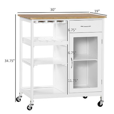 HOMCOM Utility Kitchen Cart, Rolling Kitchen Island Storage Trolley with Wine Rack, Shelves, Drawer and Cabinet, White