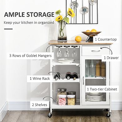 HOMCOM Utility Kitchen Cart, Rolling Kitchen Island Storage Trolley with Wine Rack, Shelves, Drawer and Cabinet, White