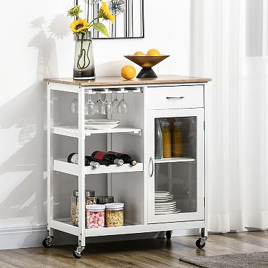 HOMCOM Utility Kitchen Cart, Rolling Kitchen Island Storage Trolley with Wine Rack, Shelves, Drawer and Cabinet, White