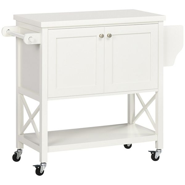 Utility Rolling Kitchen Island on Wheels with Rubber Wood Top White