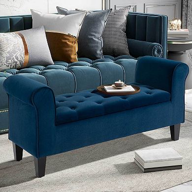 HOMCOM Button-Tufted Storage Ottoman, Fabric Upholstered Bench with Armrests for Bedroom, Entryway, Living room, Blue