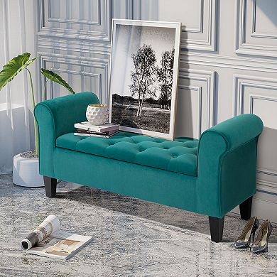Button-tufted Storage Bed Bench, Fabric Upholstered Ottoman W/ Armrests