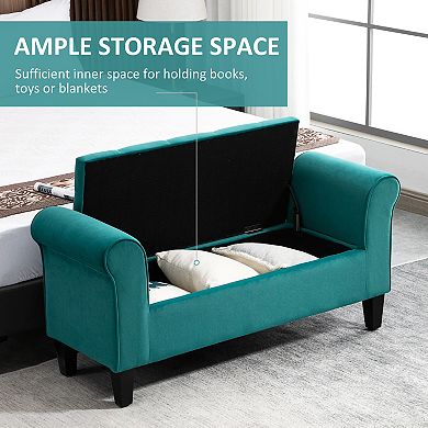 Button-tufted Storage Bed Bench, Fabric Upholstered Ottoman W/ Armrests
