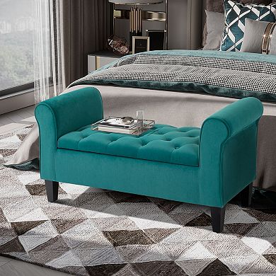 Button-tufted Storage Bed Bench, Fabric Upholstered Ottoman W/ Armrests