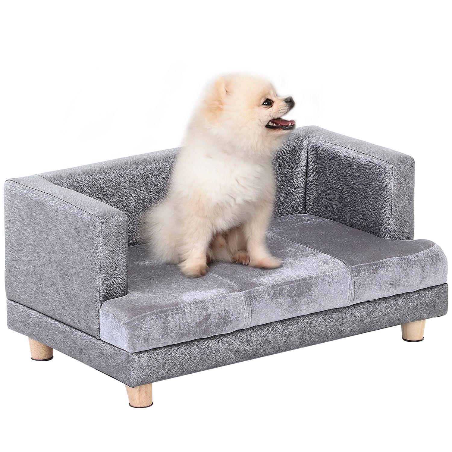 PawHut Pet Sofa for Large, Medium Dogs, Dog Couch with Water-Resistant Fabric, Wooden Legs, Washable Cushion, Grey, 39 x 24.5 x 12.5