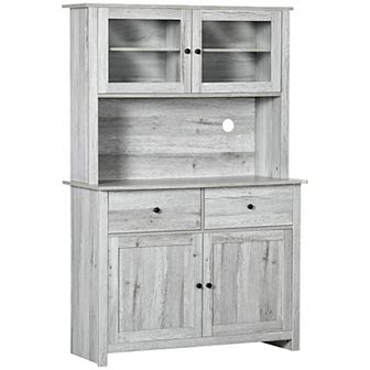 HOMCOM 63.5" Kitchen Buffet with Hutch, Pantry Storage Cabinet with 4 Shelves, Drawers, Framed Glass Doors, Open Microwave Countertop, Ash Grey