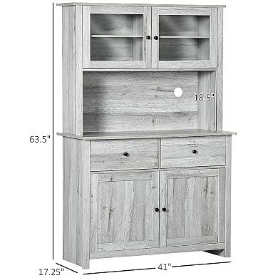 HOMCOM 63.5" Kitchen Buffet with Hutch, Pantry Storage Cabinet with 4 Shelves, Drawers, Framed Glass Doors, Open Microwave Countertop, Ash Grey