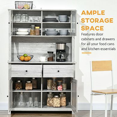 HOMCOM 63.5" Kitchen Buffet with Hutch, Pantry Storage Cabinet with 4 Shelves, Drawers, Framed Glass Doors, Open Microwave Countertop, Ash Grey