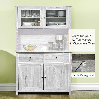HOMCOM 63.5" Kitchen Buffet with Hutch, Pantry Storage Cabinet with 4 Shelves, Drawers, Framed Glass Doors, Open Microwave Countertop, Ash Grey